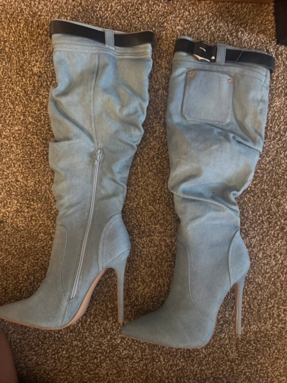 Size 8 blue jeans, heels boots